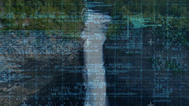 HUD overlay appearing over vertical waterfall, streaming code and grid, scanning canyon map