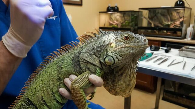 A man is holding a lizard with a black penlight in his hand