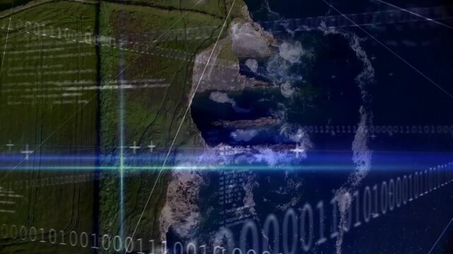 Blue lens flare activating vertical beam, HUD binary and lines linking coastline for mapping