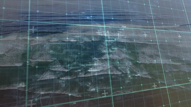 Sensor ping initiating ocean surface scan, translucent teal grid sliding and mapping breaking waves
