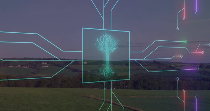 Appearing cyan square forming circuit-tree over hillside, sending neon pulses, showing energy flow