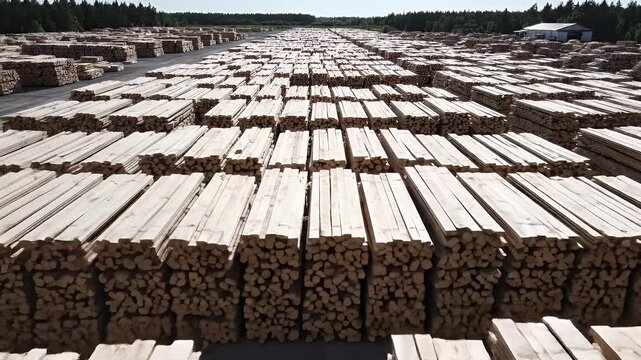 Vast outdoor lumberyard with neatly stacked rows of light-colored wood planks