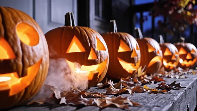 Several jack-o'-lanterns with candlelit faces sit on a rustic wooden surface covered with leaves