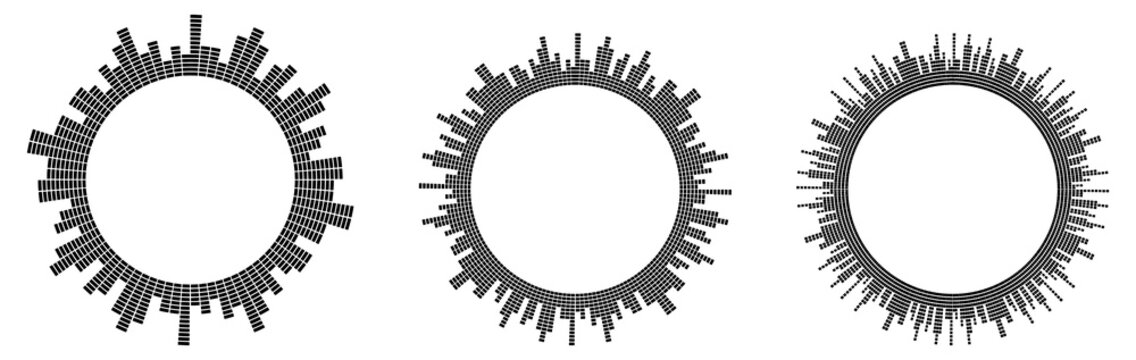 Set of circular audio waveform visualizers in black, featuring radial sound spectrum rings.
