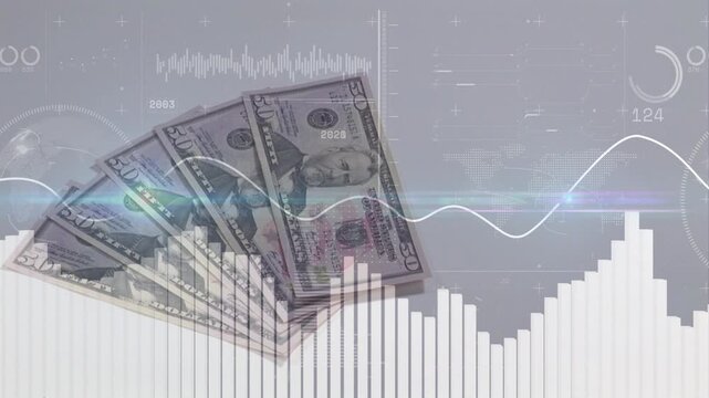 On data spike, fanned US dollar bills fading, scaling and spreading, showing revenue rise