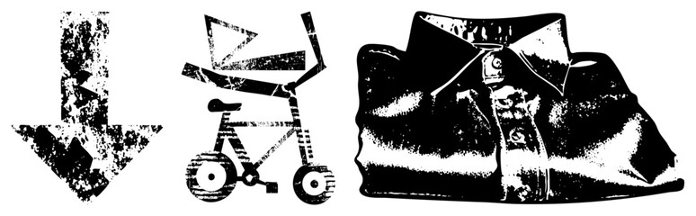 Obraz premium Distressed black and white vector downward arrow, baby stroller, folded shirt. Graphic design elements with halftone texture, isolated foreground, stylized shapes.
