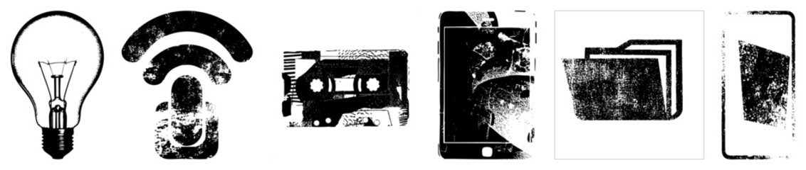 Fototapeta premium Retro tech symbols including lightbulb, Wi Fi, cassette tape, smartphone, folders, tablet distressed vector for digital design, UI, or nostalgia themes.