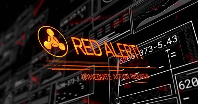 Orange hazard icon popping, sparking RED ALERT!, drifting closer with HUD flashing, showing urgency