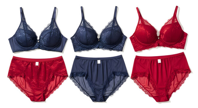Women's lace bras and high-waisted panties product lineup on whi