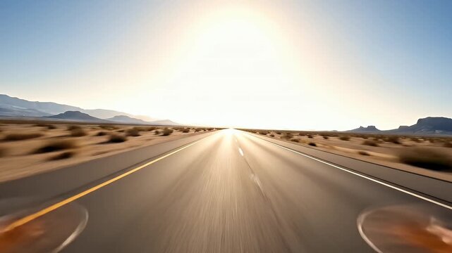 A fast-moving road through a desert landscape under a bright sun