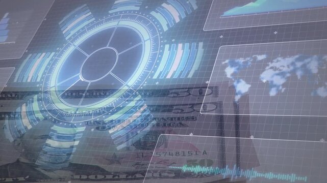 HUD activating on interface wake, rotating and pulsing over US dollar bills, revealing serials