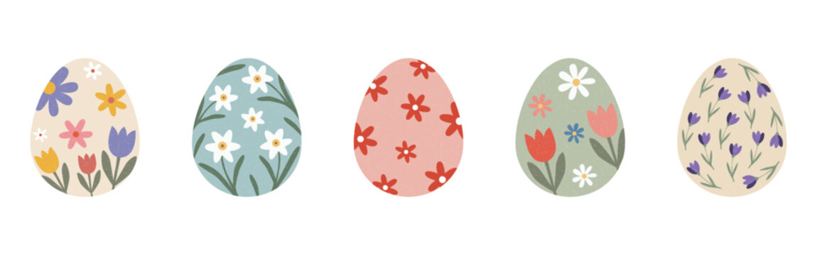 Easter eggs set with floral pattern in hand drawn vector style with pastel colors