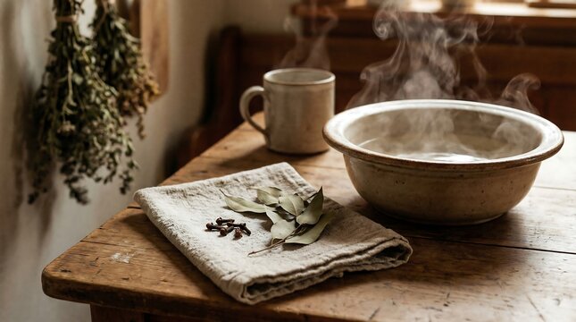 Still life of a steaming bowl, mug, and herbal ingredients on a rustic wooden table with a linen cloth in a cozy indoor setting with warm tones.