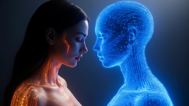 Static close-up of human woman and glowing blue AI digital entity facing off.