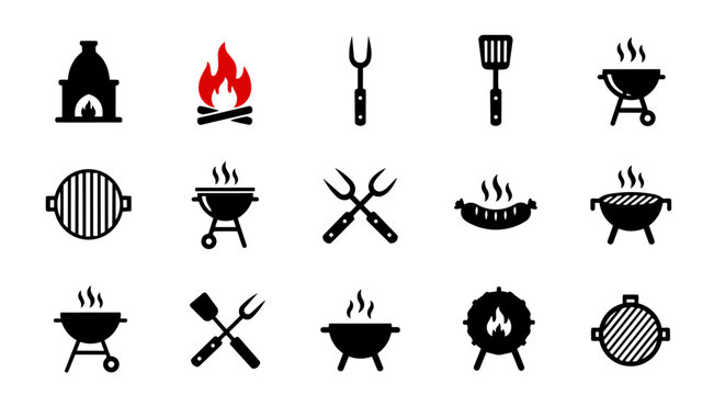 BBQ grill and barbecue tools icon set &ndash; barbecue equipment, fire, grill food vector icons
