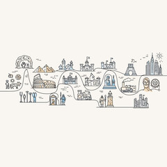 Naklejka premium Timeline of human civilization: Cave, pyramids, castles, modern cities