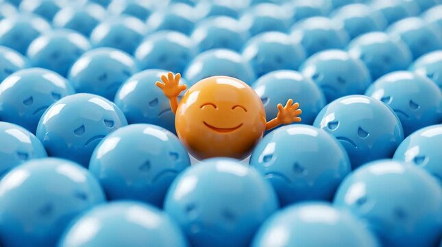 Optimistic Orange Smiley Face Surrounded by Light Blue Sad Faces Embodying Positivity Optimism and Individuality in a Sea of Sameness