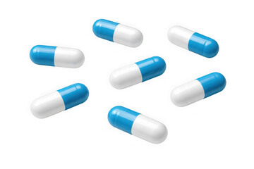 Blue and White Capsules in Random Pattern with Soft Focus and Clean Background for Medical Use