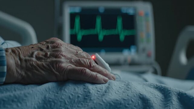 Elderly patients hand with pulse oximeter in hospital bed near monitor.