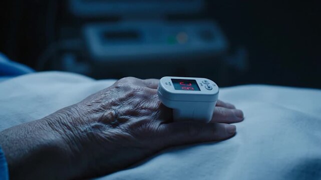 Elderly patient hand with pulse oximeter in hospital bed at night.