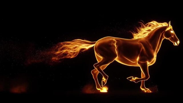 3D animation of a majestic horse made entirely of real flames, galloping with force and speed, with sparks flying and a flaming mane against a black background.