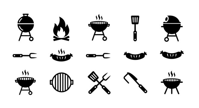 BBQ grill and barbecue tools icon set &ndash; grilling equipment, sausages, fire, outdoor cooking vector