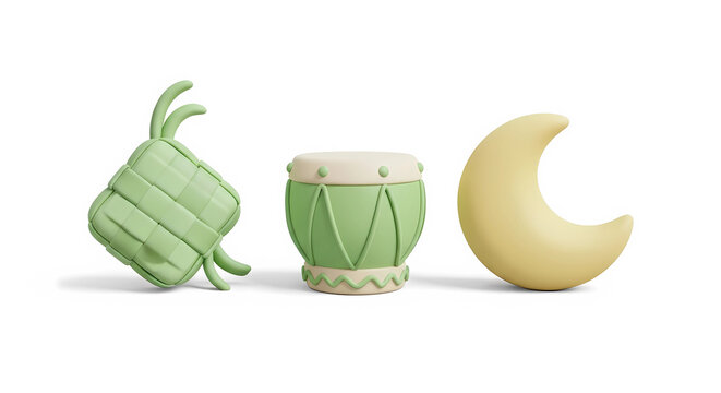 3D render of cute green ketupat and mosque drum for Ramadan 2026 and Eid al-Fitr celebration, isolated on white background.