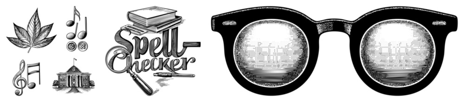Typing tool featuring magnifying glass, stacked books, pen, and serif typography, classic design for word processing software or educational apps.
