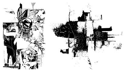 Fototapeta premium Black and white vector art featuring fragmented geometric forms, halftone, and abstract textures, ideal for graphic design or digital art projects.