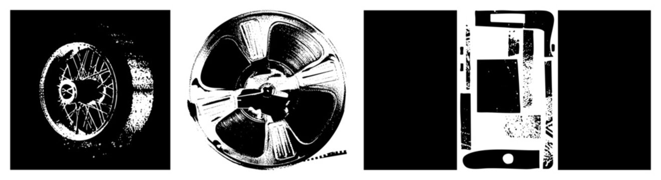 Retro film reel with spool and tape, bicycle wheel with spokes, halftone texture, isolated vector graphics, classic cinema and cycling motifs.