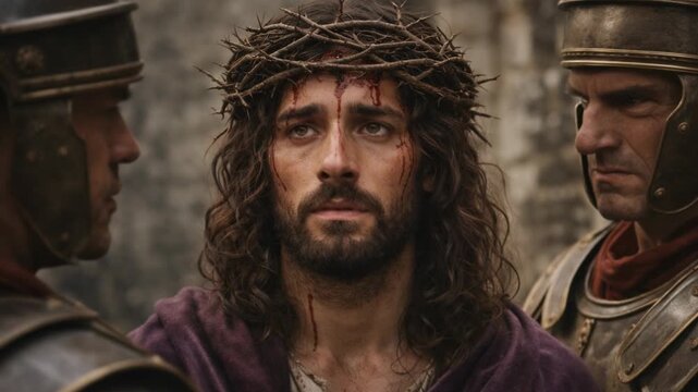 Holy Week: Cinematic Close-up of Jesus Christ Wearing Crown of Thorns and Purple Robe Standing Between Two Roman Soldiers During Passion and Trial