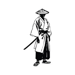 Obraz premium Black and white illustration of a samurai ronin wearing a straw hat, traditional kimono, katana sword, vintage hand drawn style, vector art