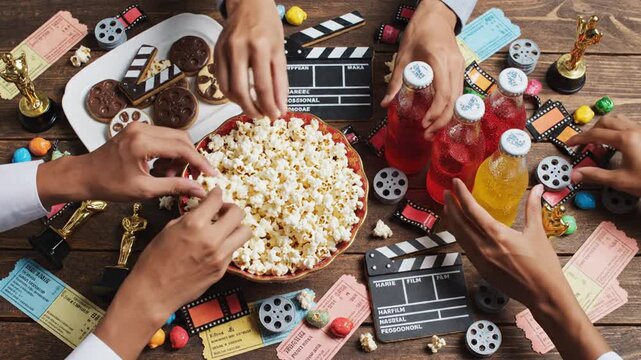 Overhead shot of a movie night with snacks, drinks, movie clapperboards and tickets