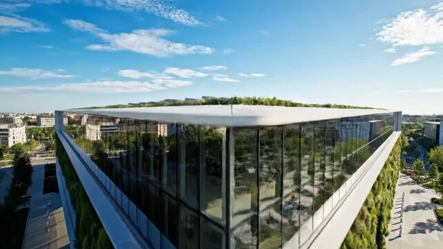 Modern architectural structure featuring a green wall facade, glass windows, and a sunny sky