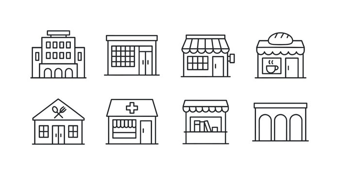 Retail and services outline icon set. Shops, stores, business essential icons collection.