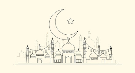 Fototapeta premium Ramadan Kareem Mosque Eid Mubarak Crescent Moon Islamic Celebration Art 36ai