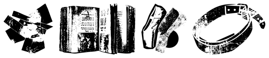 Fototapeta premium Stylized black and white vector open book, high heeled shoe, belt, torn paper fragments. Retro halftone texture, isolated graphic elements.