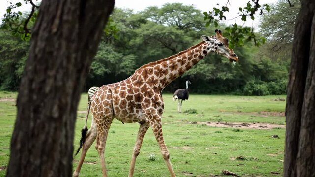 Peeking through the trees, a majestic giraffe stands near a zebra and ostrich grazing on the African savanna, perfect for travel and conservation projects.