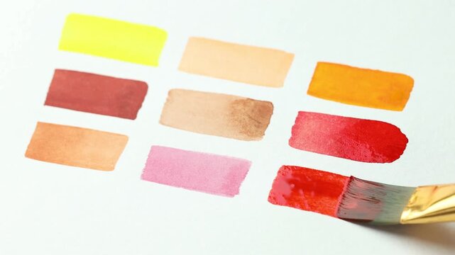 Painting watercolor samples on paper sheet, closeup