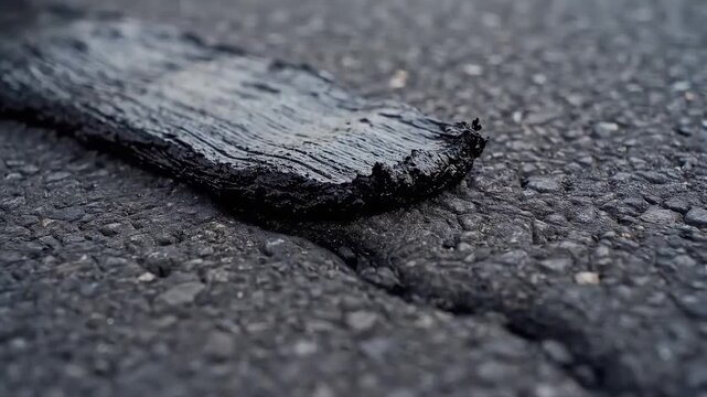 Close-up Detail of Damaged Asphalt Road Surface with Visible Cracks and Deterioration, Showing Infrastructure Wear