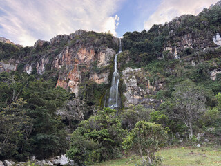 Majestic tropical waterfall cascading over a high rocky cliff in a lush green forest - Wine Waterfall, Dinira National Park, Lara, Venezuela