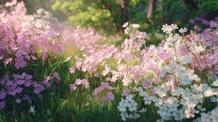 Obraz premium A patch of wild primulas glowing softly in bright sunlight