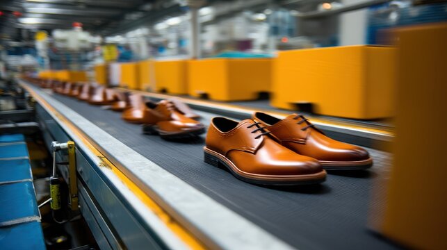 Shoes moving on automated conveyor for boxing and sealing on blurred background
