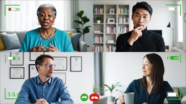 Four individuals in a virtual meeting, smiling and engaging in conversation via a video call on screen