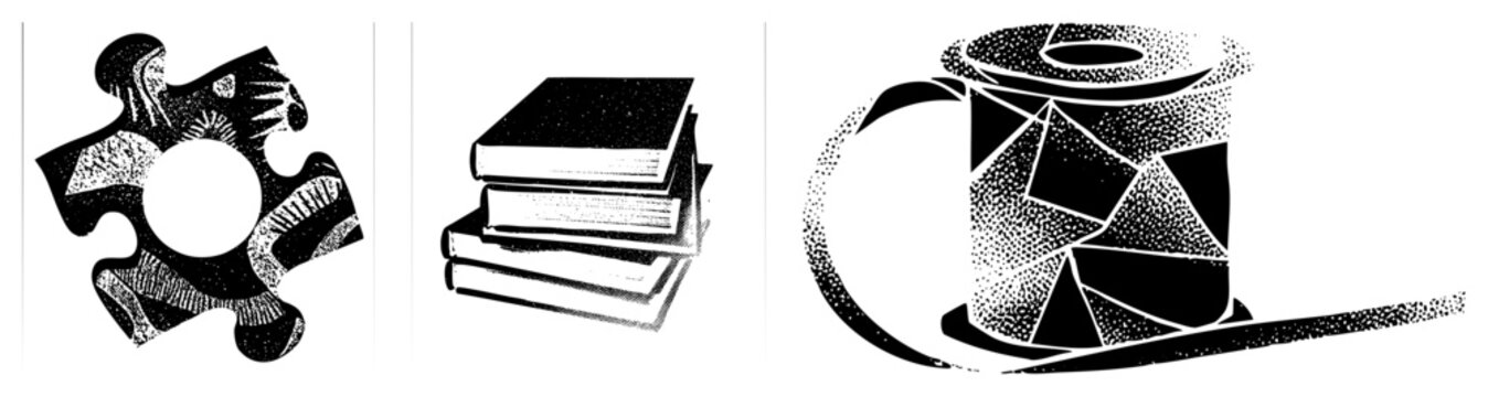 Black and white halftone puzzle piece with sunburst, stacked books with textured pages, spool of thread with geometric, vector art, isolated elements.