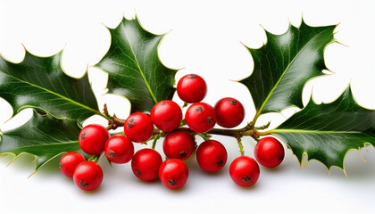 A Sprig Of Holly Leaves And Bright Red Berries Isolated Against A White Background