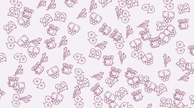 This seamless pattern features hand-drawn finance and communication elements, perfect for various business and design applications. The elements include money, wallet, group discussion, pencil, and pe