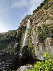 Scenic waterfall cascading down a mossy, rocky cliff into a natural pool - Wine Waterfall, Lara, Venezuela