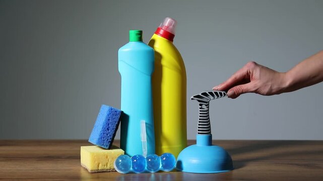 Woman putting plunger near toilet cleaning products on wooden table, closeup