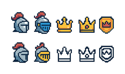 Fototapeta premium Medieval, knight pixel art icon set. Armor, crown, shield icons in pixel style